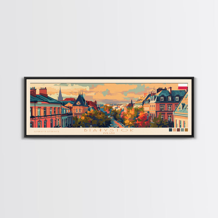 Bialystok Poland Panoramic Travel Poster, Framed Canvas Print or Metal Wall Art, Travel Art, Home Decor, Panoramic Painting, Midcentury Art