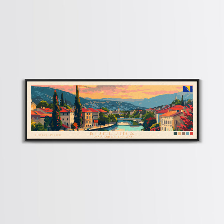 Bijeljina Bosnia Panoramic Travel Poster, Framed Canvas Print or Metal Wall Art, Travel Art, Home Decor, Panoramic Painting, Midcentury Art