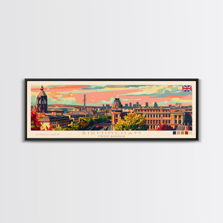 Birmingham United Kingdom Travel Print Wall Art, Panoramic City Art, Travel Art, Wall Decor, Vacation Gift, Framed Canvas Print Or Metal Art