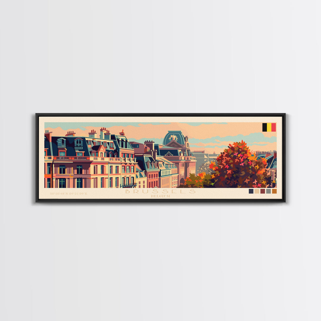 Brussels Belgium Panoramic Travel Poster, Framed Canvas Print or Metal Wall Art, Travel Art, Home Decor, Panoramic Painting, Midcentury Art