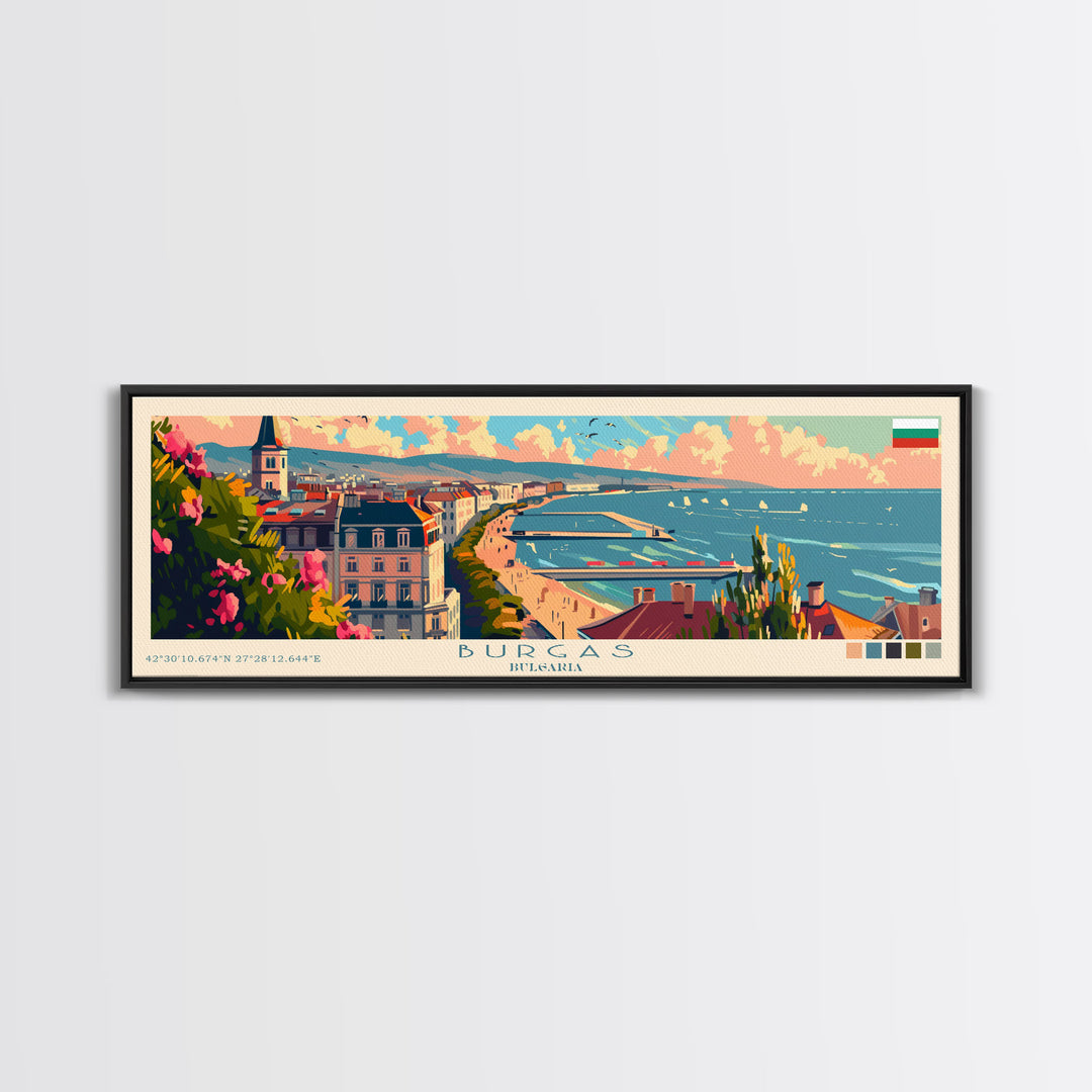 Burgas Bulgaria Panoramic Travel Poster, Framed Canvas Print or Metal Wall Art, Travel Art, Home Decor, Panoramic Painting, Midcentury Art