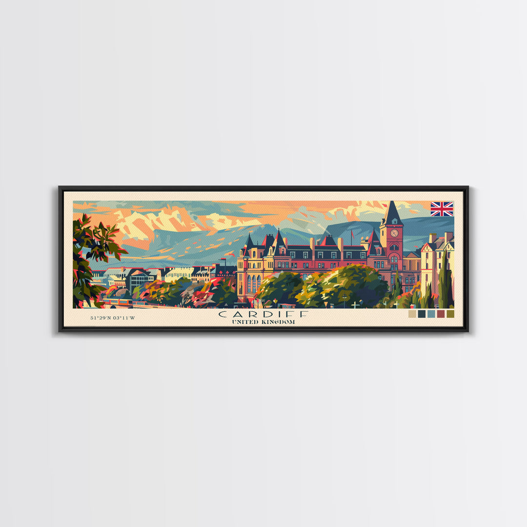 Cardiff United Kingdom Travel Art, City Art, Framed Canvas Print or Metal Wall Art, Europe Travel Poster, Panoramic Wall Art, Extra Wide Wall Art