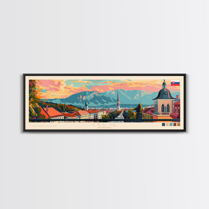 Celje Slovenia Panoramic Travel Poster, Framed Canvas Print or Metal Wall Art, Travel Art, Home Decor, Panoramic Painting, Midcentury Art