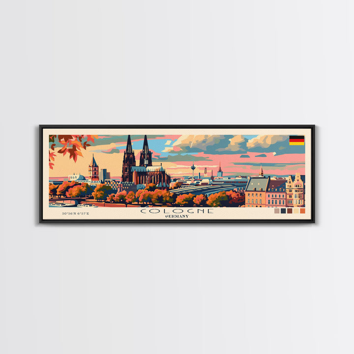 Cologne Germany Panoramic Travel Poster, Framed Canvas Print or Metal Wall Art, Travel Art, Home Decor, Panoramic Painting, Midcentury Art