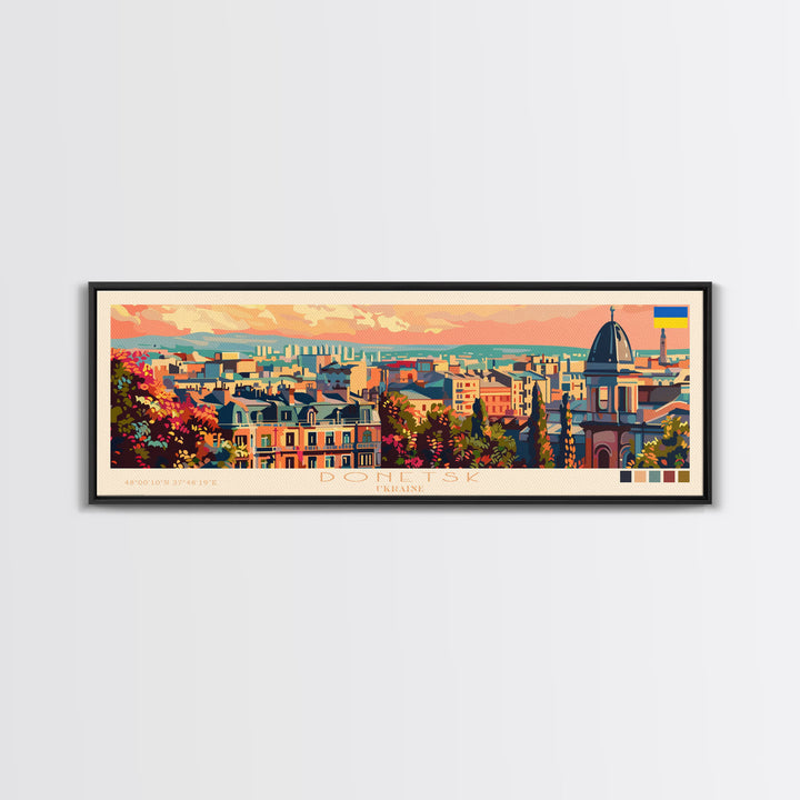 Donetsk Ukraine Panoramic Travel Poster, Framed Canvas Print or Metal Wall Art, Travel Art, Home Decor, Panoramic Painting, Midcentury Art