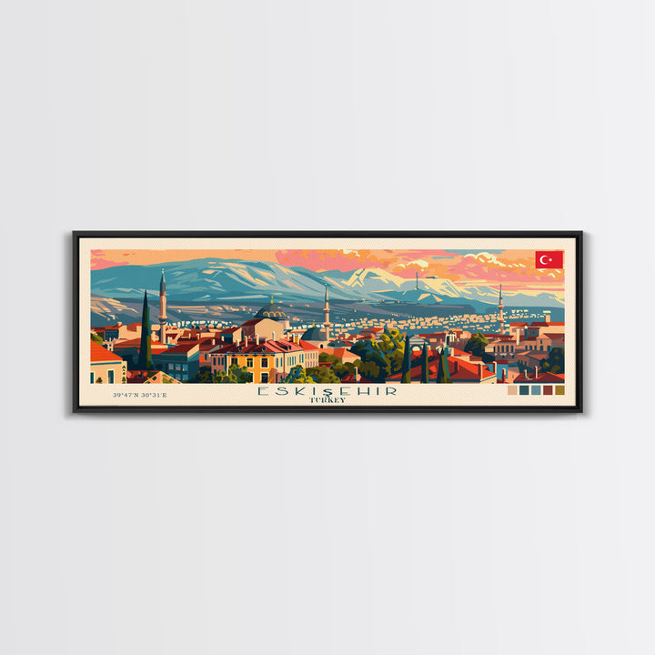 Eskisehir Turkey Panoramic Travel Poster, Framed Canvas Print or Metal Wall Art, Travel Art, Home Decor, Panoramic Painting, Midcentury Art