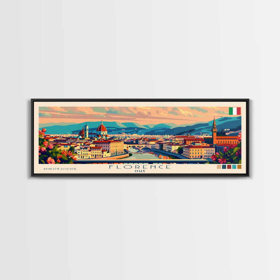 Florence Italy Panoramic Travel Poster, Framed Canvas Print or Metal Wall Art, Travel Art, Home Decor, Panoramic Painting, Midcentury Art