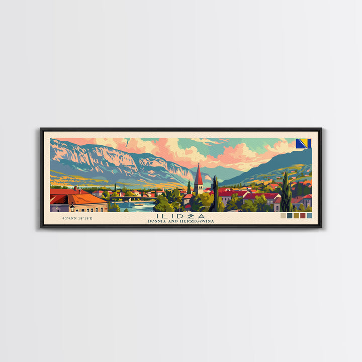 Ilida Bosnia Travel Art, City Art, Framed Canvas Print or Metal Wall Art, Europe Travel Poster, Panoramic Wall Art, Extra Wide Wall Art