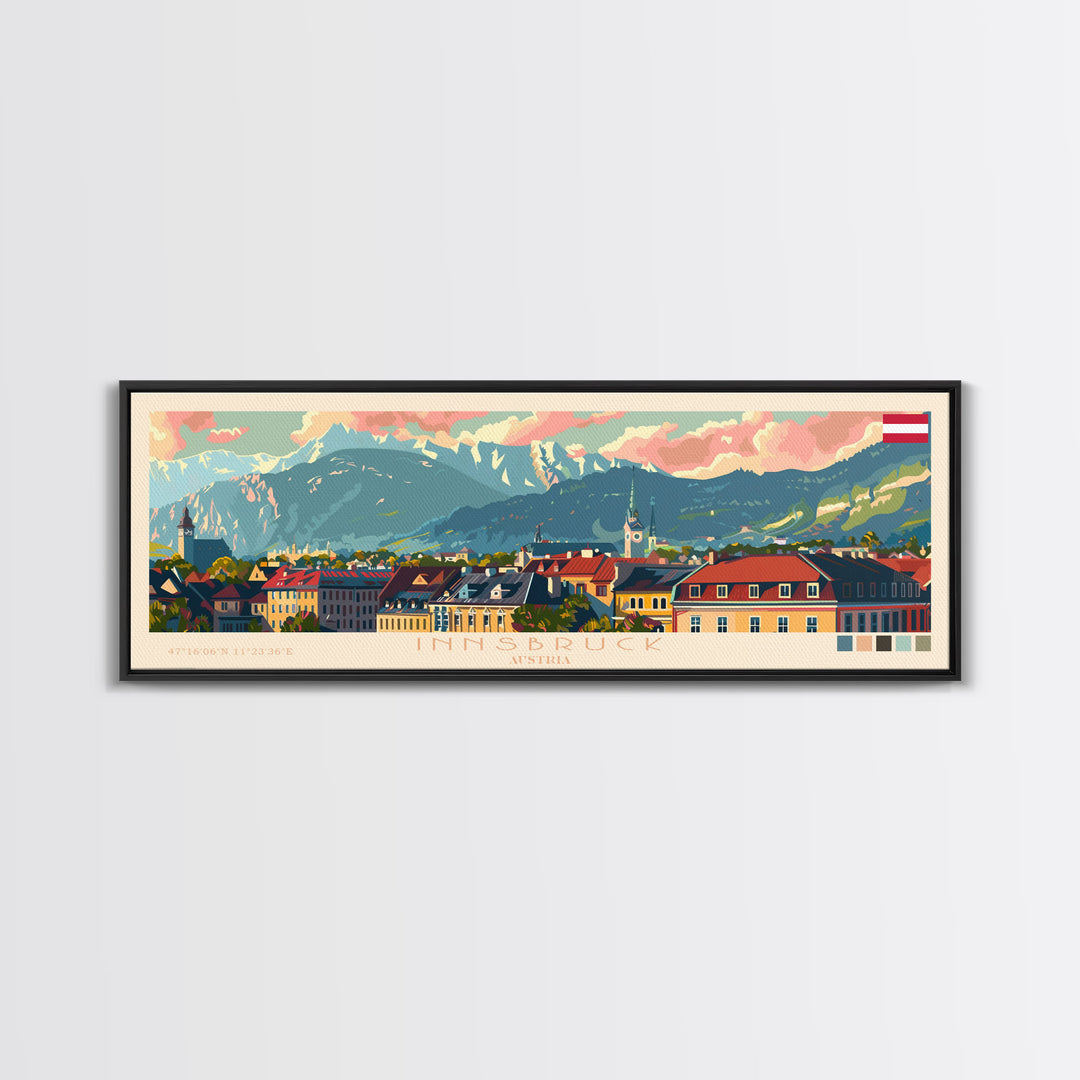 Innsbruck Austria Panoramic Travel Poster, Framed Canvas Print or Metal Wall Art, Travel Art, Home Decor, Panoramic Painting, Midcentury Art