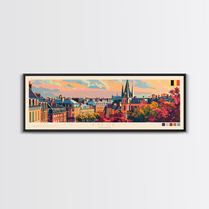 Liege Belgium Panoramic Travel Poster, Framed Canvas Print or Metal Wall Art, Travel Art, Home Decor, Panoramic Painting, Midcentury Art