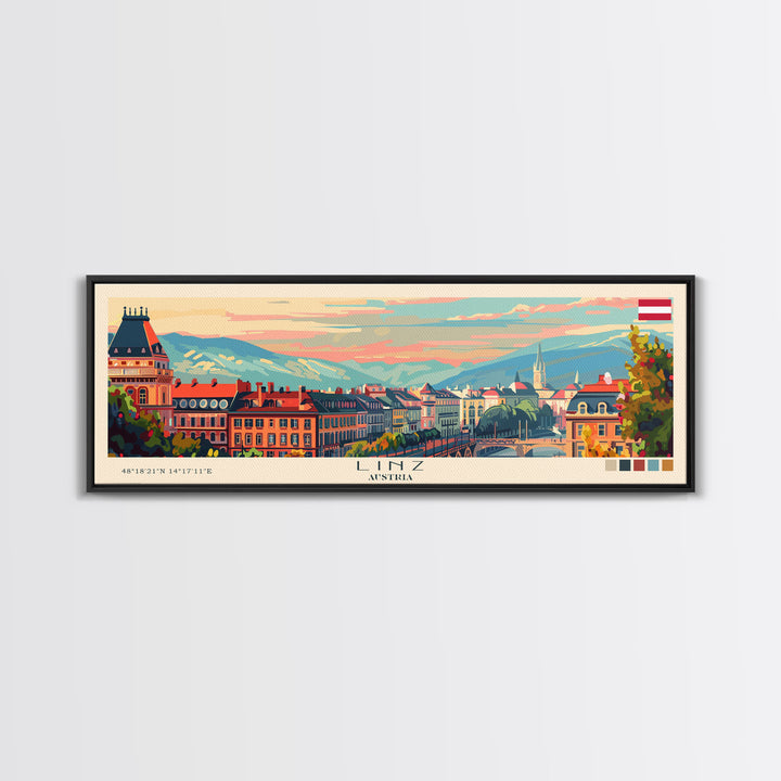 Linz Austria Panoramic Travel Poster, Framed Canvas Print or Metal Wall Art, Travel Art, Home Decor, Panoramic Painting, Midcentury Art