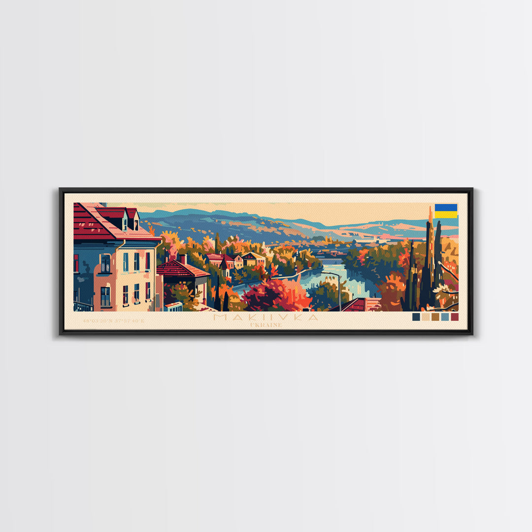 Makiivka Ukraine Panoramic Travel Poster, Framed Canvas Print or Metal Wall Art, Travel Art, Home Decor, Panoramic Painting, Midcentury Art