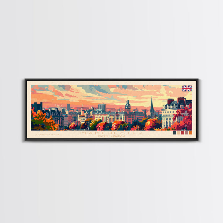 Manchester United Kingdom Panoramic Travel Poster, Framed Canvas Print or Metal Wall Art, Travel Art, Home Decor, Panoramic Painting, Midcentury Art