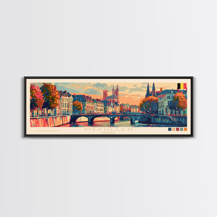 Mechelen Belgium Panoramic Travel Poster, Framed Canvas Print or Metal Wall Art, Travel Art, Home Decor, Panoramic Painting, Midcentury Art