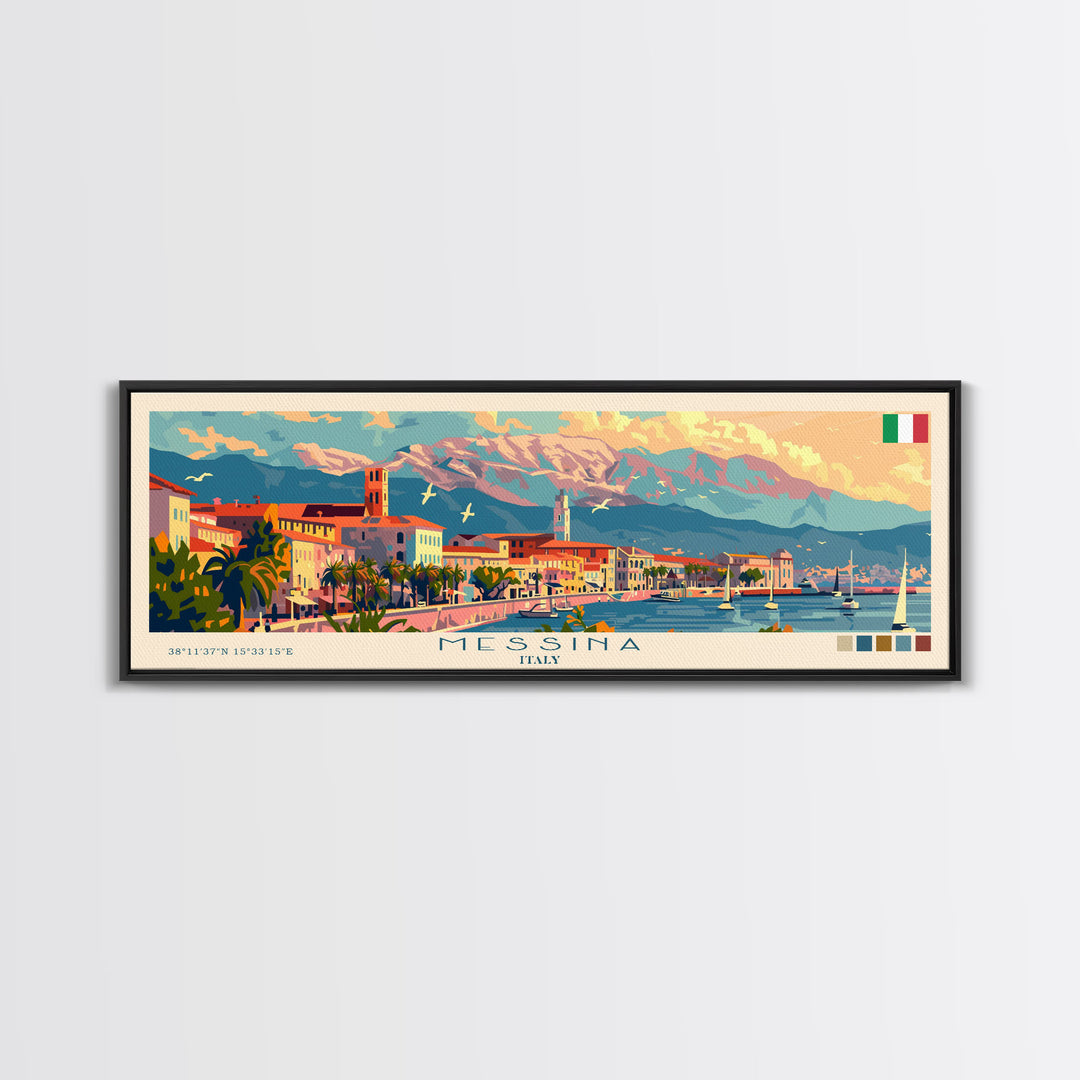 Messina Italy Travel Print Wall Art, Panoramic City Art, Travel Art, Wall Decor, Vacation Gift, Framed Canvas Print Or Metal Art