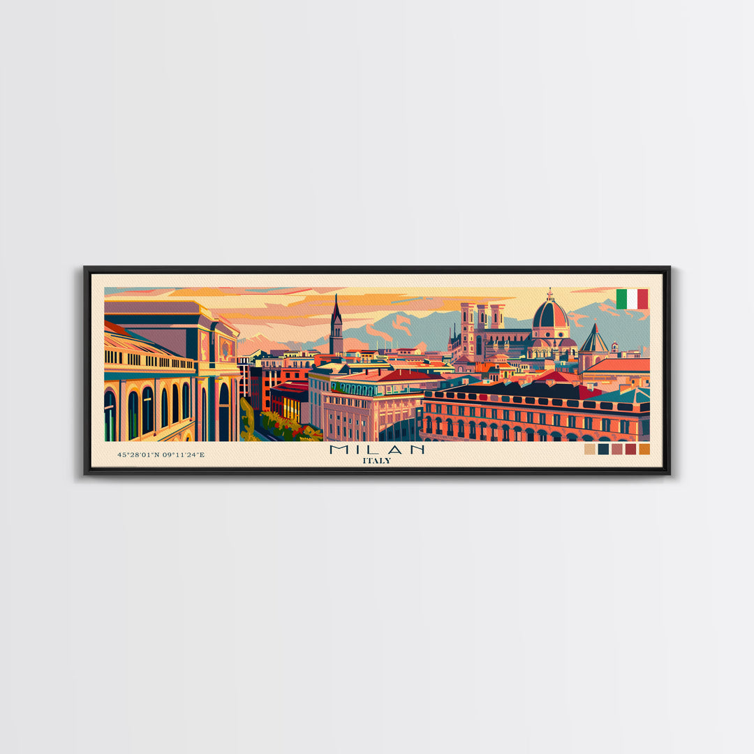 Milan Italy Panoramic Travel Poster, Framed Canvas Print or Metal Wall Art, Travel Art, Home Decor, Panoramic Painting, Midcentury Art