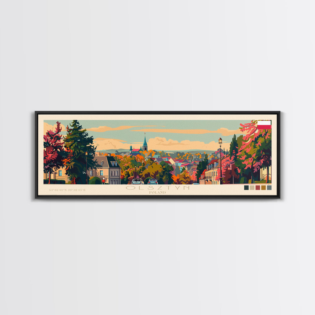 Olsztyn Poland Panoramic Travel Poster, Framed Canvas Print or Metal Wall Art, Travel Art, Home Decor, Panoramic Painting, Midcentury Art