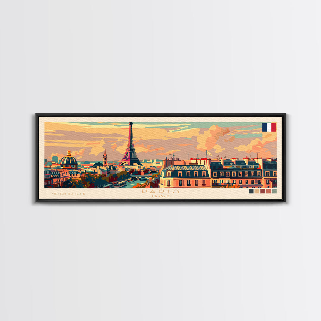 Paris France Panoramic Travel Poster, Framed Canvas Print or Metal Wall Art, Travel Art, Home Decor, Panoramic Painting, Midcentury Art