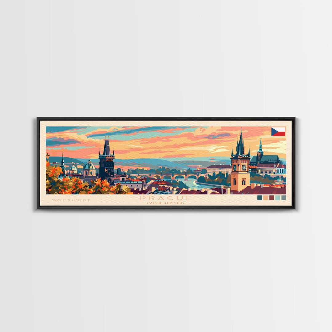 Prague Czech Republic Travel Art, City Art, Framed Canvas Print or Metal Wall Art, Europe Travel Poster, Panoramic Wall Art, Extra Wide Wall Art