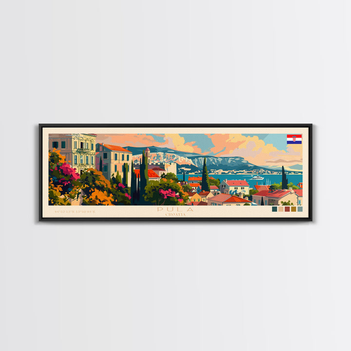 Pula Croatia Panoramic Travel Poster, Framed Canvas Print or Metal Wall Art, Travel Art, Home Decor, Panoramic Painting, Midcentury Art