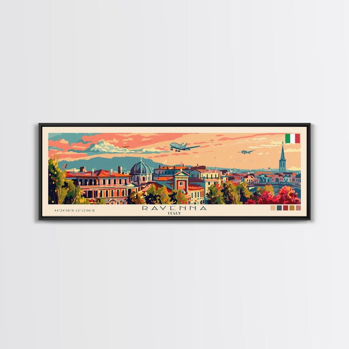 Ravenna Italy Panoramic Travel Poster, Framed Canvas Print or Metal Wall Art, Travel Art, Home Decor, Panoramic Painting, Midcentury Art