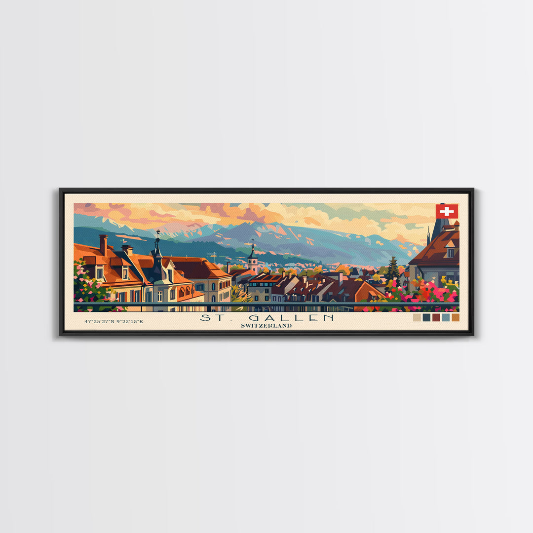 St. Gallen Switzerland Panoramic Travel Poster, Framed Canvas Print or Metal Wall Art, Travel Art, Home Decor, Panoramic Painting, Midcentury Art