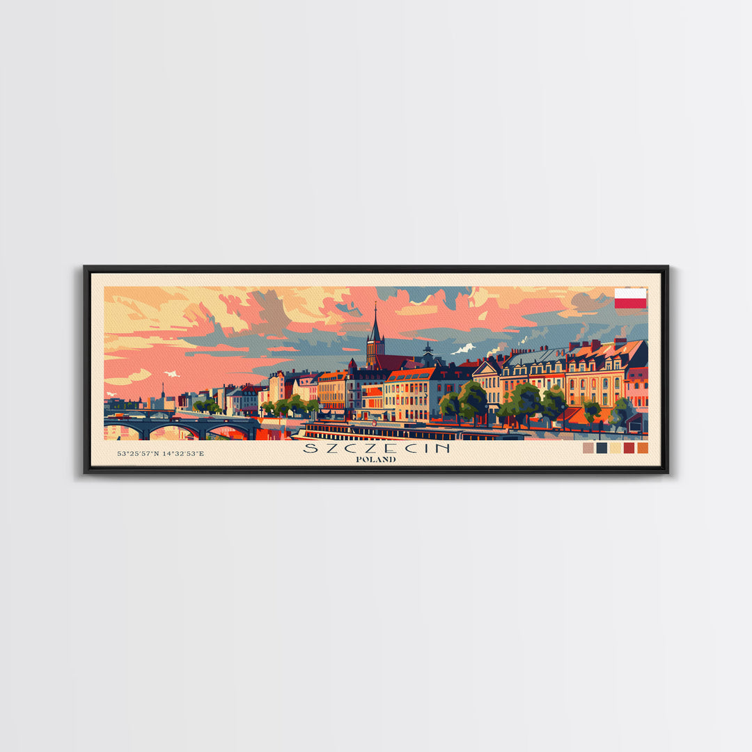 Szczecin Poland Travel Print Wall Art, Panoramic City Art, Travel Art, Wall Decor, Vacation Gift, Framed Canvas Print Or Metal Art