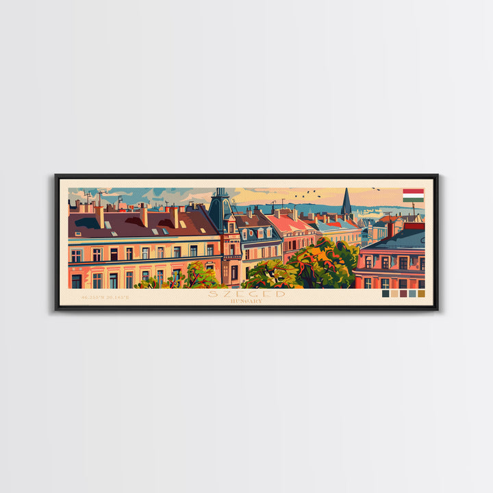 Szeged Hungary Travel Art, City Art, Framed Canvas Print or Metal Wall Art, Europe Travel Poster, Panoramic Wall Art, Extra Wide Wall Art