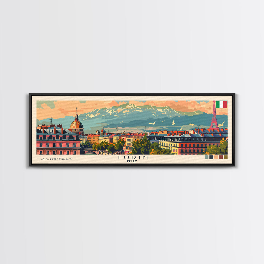 Turin Italy Panoramic Travel Poster, Framed Canvas Print or Metal Wall Art, Travel Art, Home Decor, Panoramic Painting, Midcentury Art