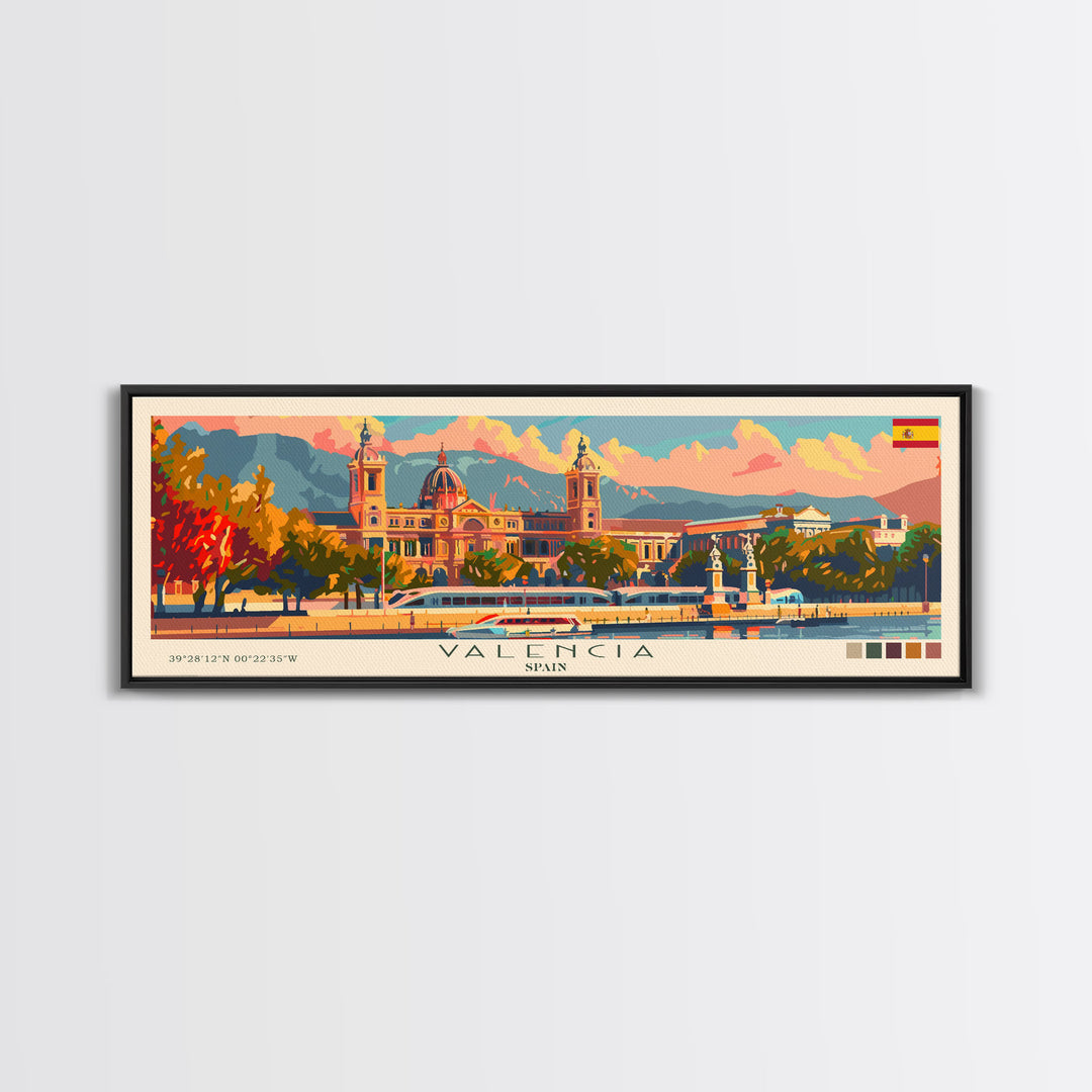 Valencia Spain Travel Art, City Art, Framed Canvas Print or Metal Wall Art, Europe Travel Poster, Panoramic Wall Art, Extra Wide Wall Art