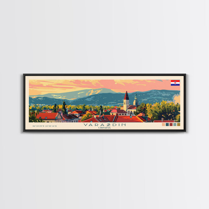 Varaždin Croatia Panoramic Travel Poster, Framed Canvas Print or Metal Wall Art, Travel Art, Home Decor, Panoramic Painting, Midcentury Art