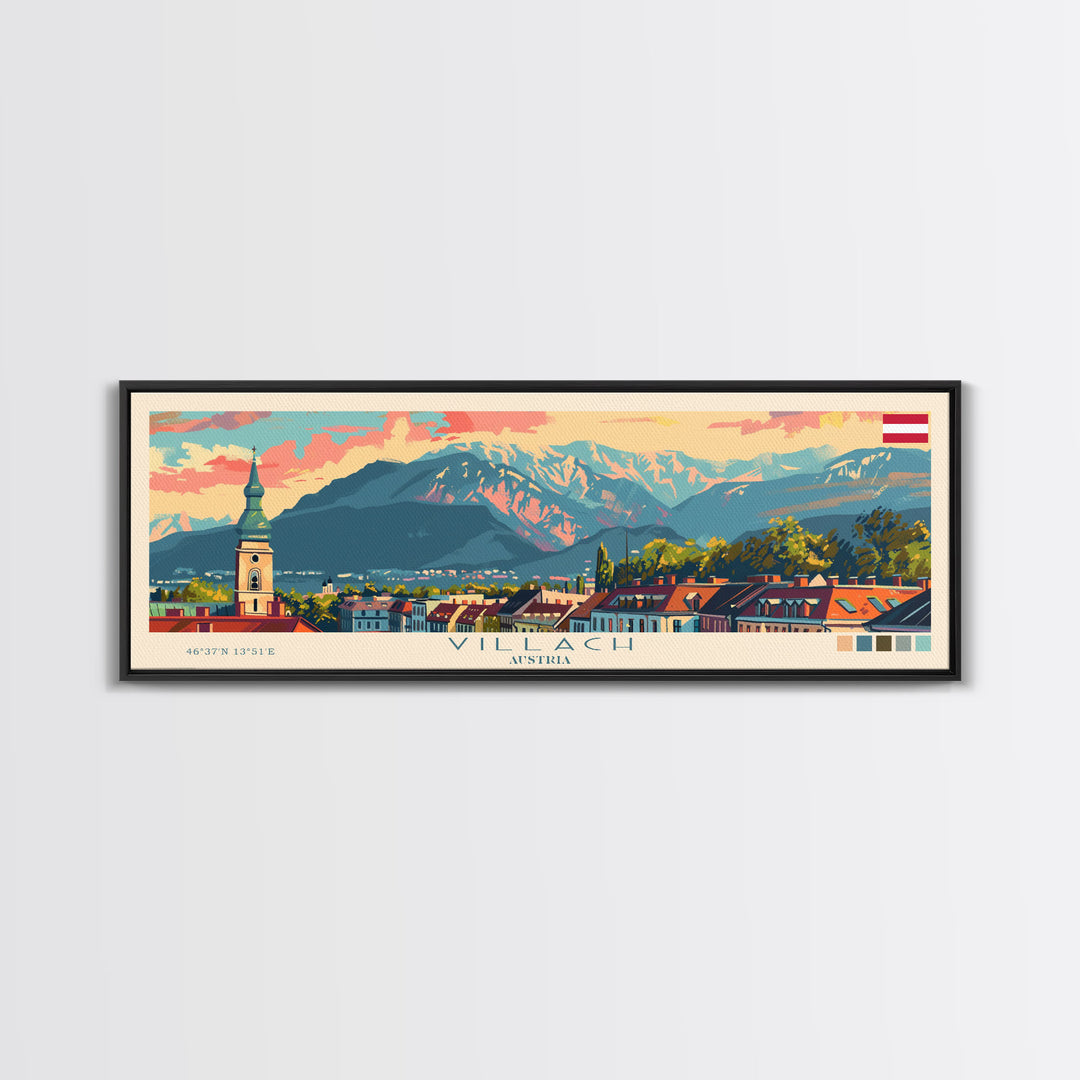 Villach Austria Travel Art, City Art, Framed Canvas Print or Metal Wall Art, Europe Travel Poster, Panoramic Wall Art, Extra Wide Wall Art