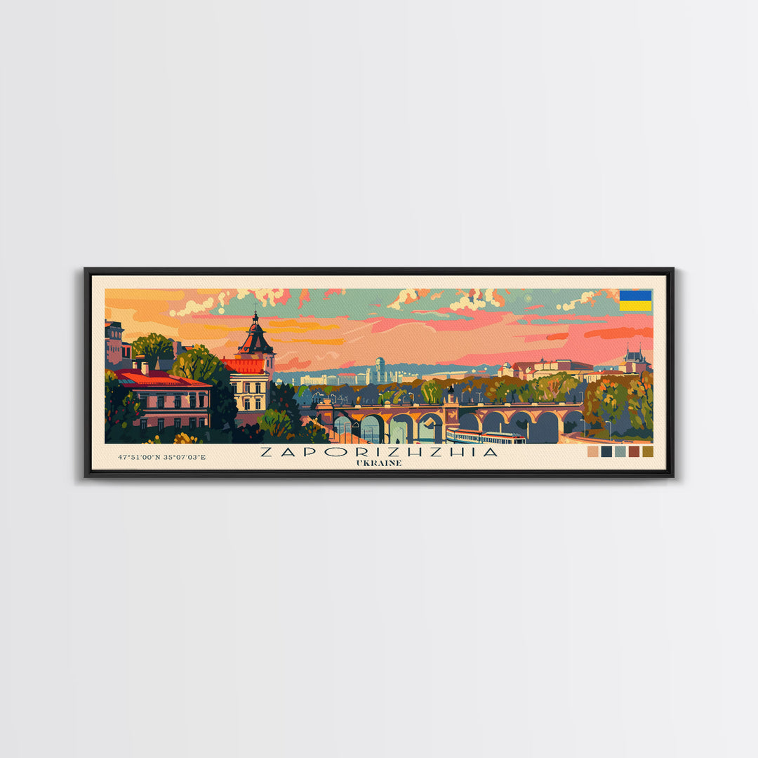 Zaporizhzhia Ukraine Panoramic Travel Poster, Framed Canvas Print or Metal Wall Art, Travel Art, Home Decor, Panoramic Painting, Midcentury Art