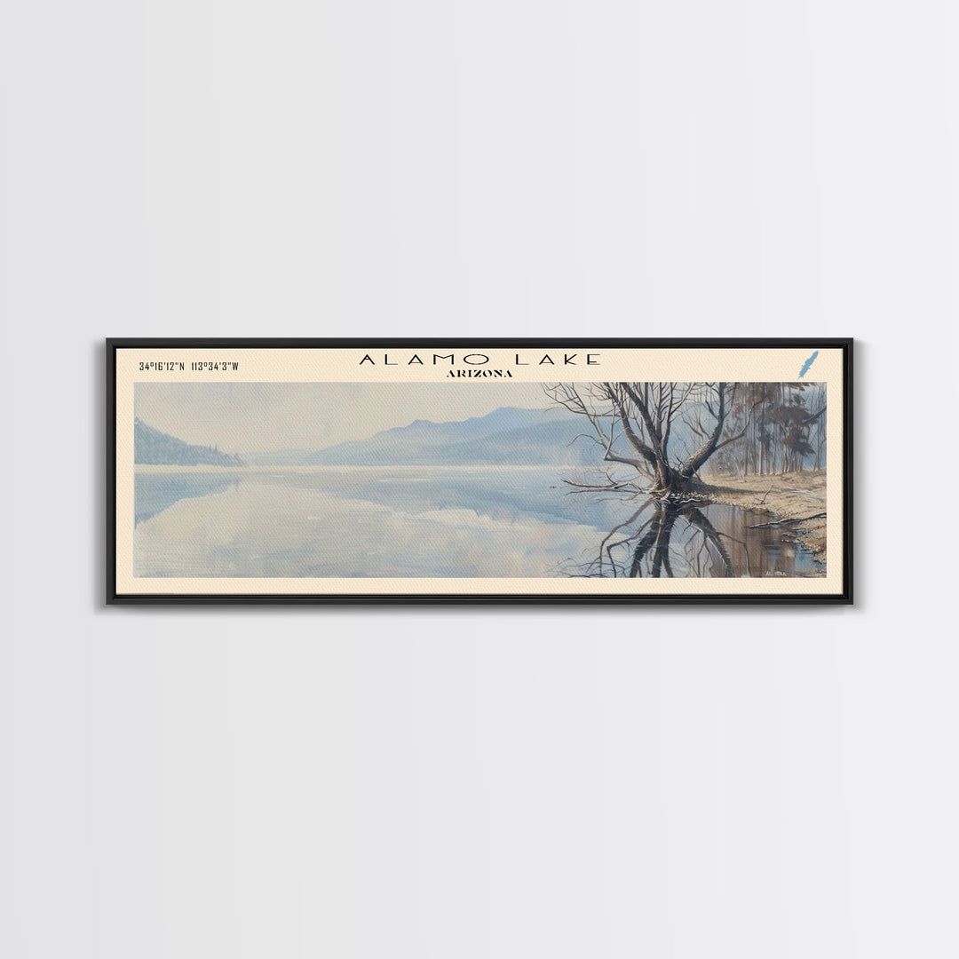 Alamo Lake Arizona Panoramic Framed Canvas Print, Lake House Decor, Minimalist Art, Travel Poster, Wood Wall Art, Scenic Painting