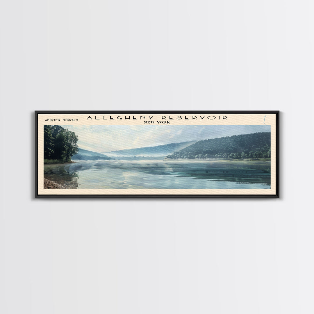 Allegheny Reservoir New York Panoramic Framed Canvas Print, Lake House Decor, Abstract Landscape, Travel Poster, Modern Wall Art, Calm Waters