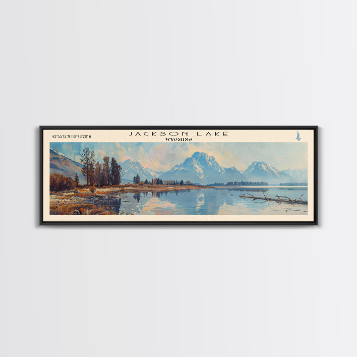 Jackson Lake Wyoming Framed Canvas Print, Lake House Art, Panoramic Wall Art, Travel Poster, Stunning Lake Painting, Nature Art