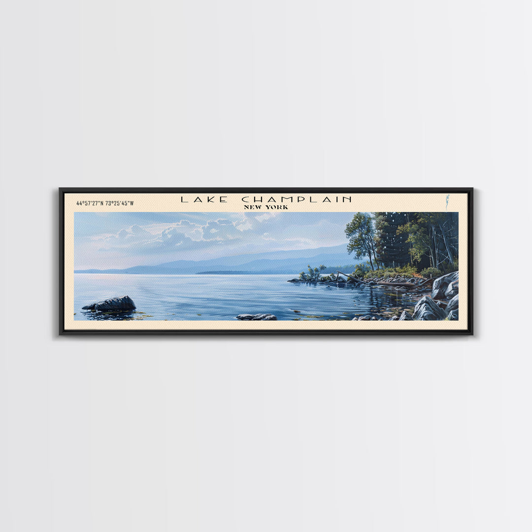 Lake Champlain Framed Canvas Print, Lake House Art, Panoramic Wall Art, Travel Poster, Captivating Lake Painting, Home Decor