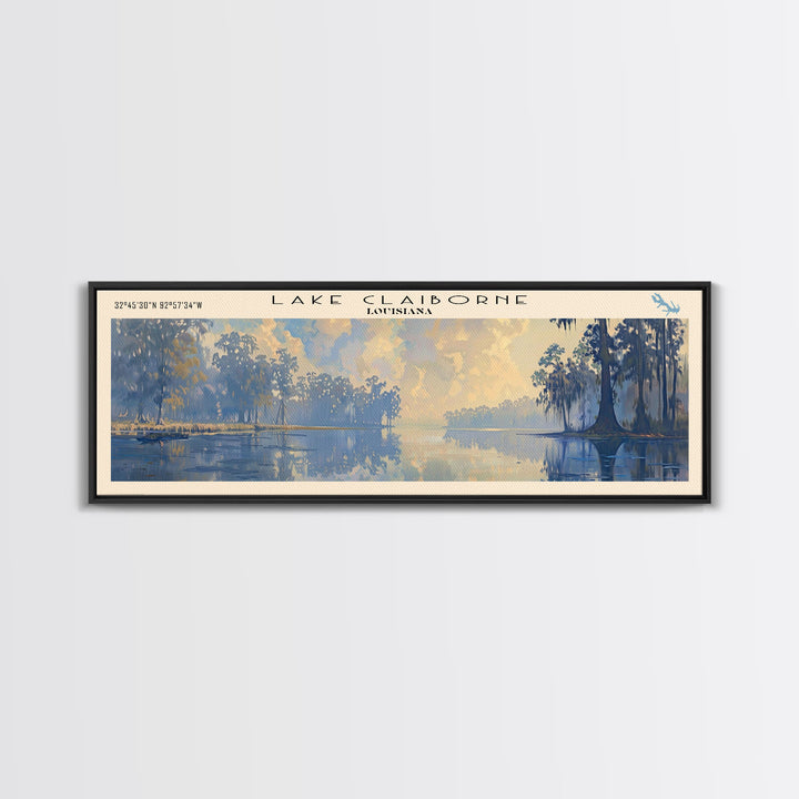 Lake Claiborne Louisiana Framed Canvas Print, Lake House Decor, Panoramic Wall Art, Travel Poster, Serene Lake Painting, Nature Art