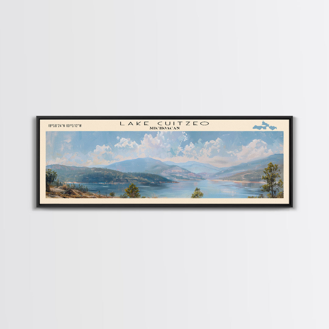 Lake Cuitzeo Framed Canvas Print, Lake House Decor, Panoramic Wall Art, Travel Poster, Beautiful Lake Painting, Home Art