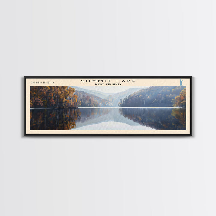 Summit Lake West Virginia Panoramic Wall Art, Framed Canvas Print, Lake House Decor, Travel Poster, Tranquil Landscape, Bedroom Decor