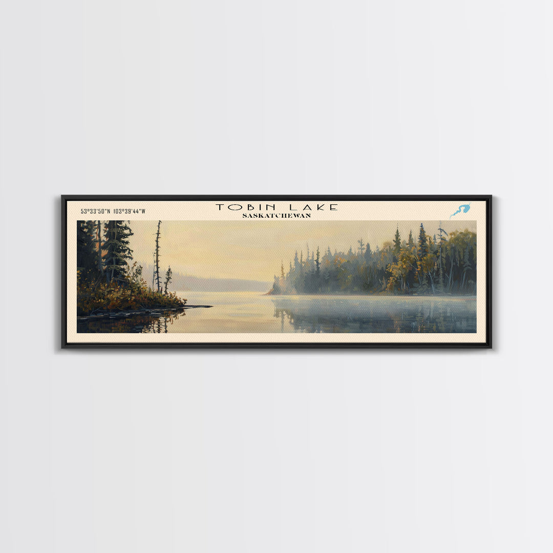 Tobin Lake Panoramic Wall Art, Framed Canvas Print, Lake House Decor, Travel Poster, Serene Landscape, Living Room Decor