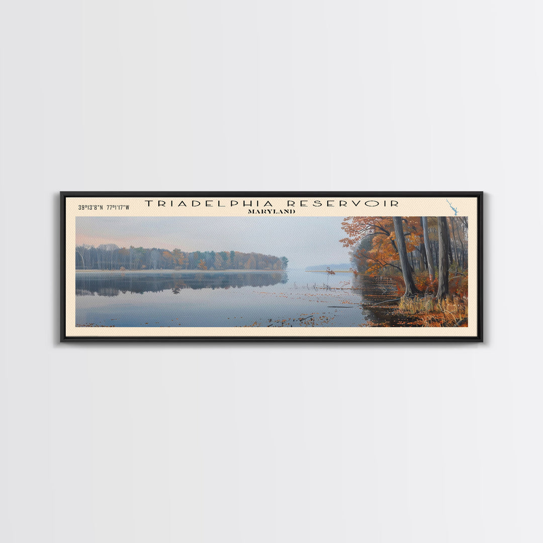 Triadelphia Reservoir Maryland Panoramic Wall Art, Framed Canvas Print, Lake House Decor, Travel Poster, Beautiful Lake Scene, Bedroom Decor