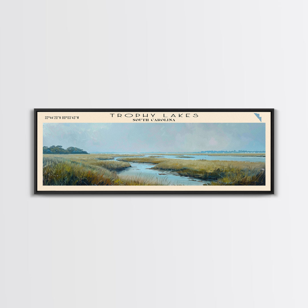 Trophy Lakes South Carolina Panoramic Wall Art, Framed Canvas Print, Lake House Decor, Travel Poster, Scenic Lake Scene, Living Room Art