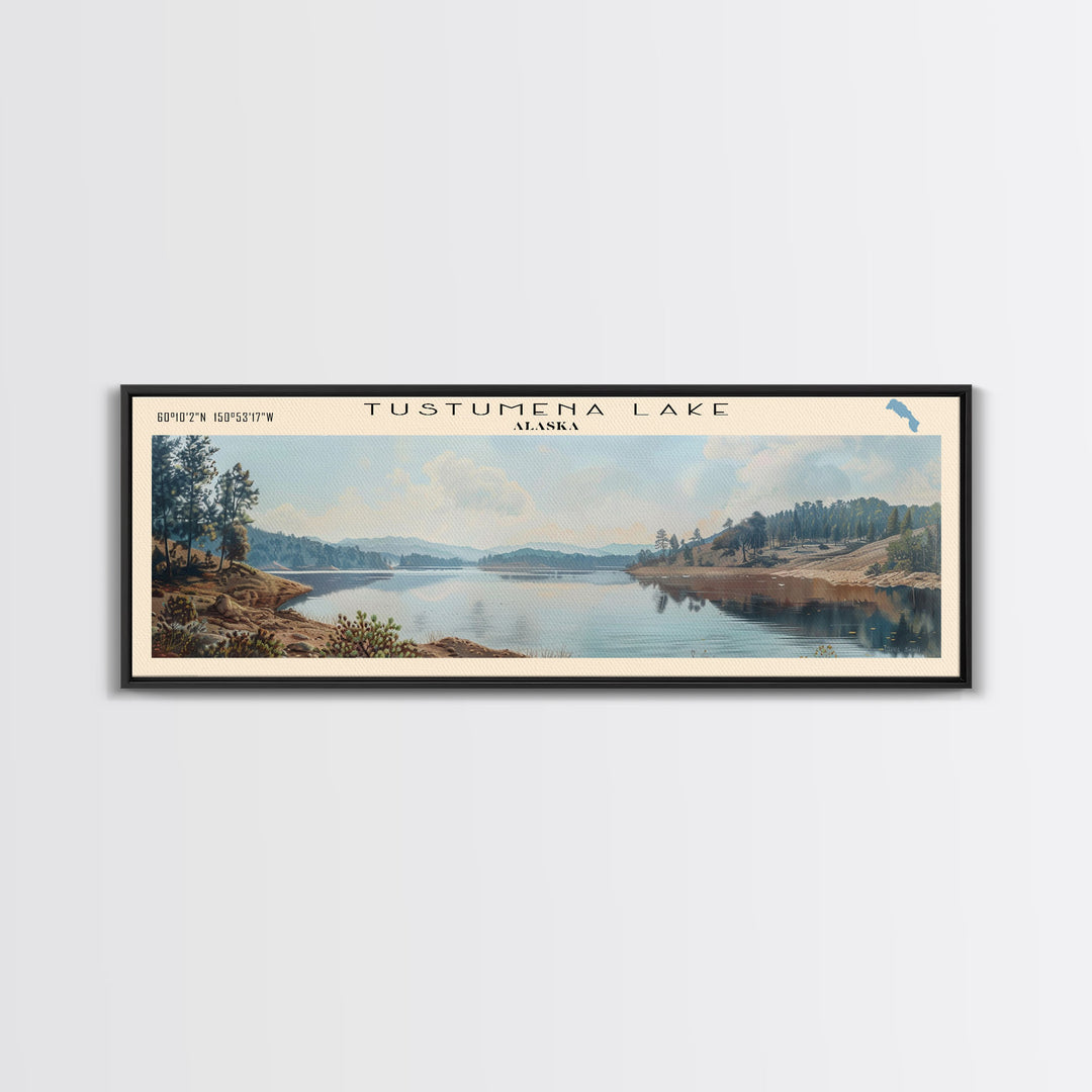 Tustumena Lake Panoramic Wall Art, Framed Canvas Print, Lake House Decor, Travel Poster, Scenic Lake Scene, Living Room Art