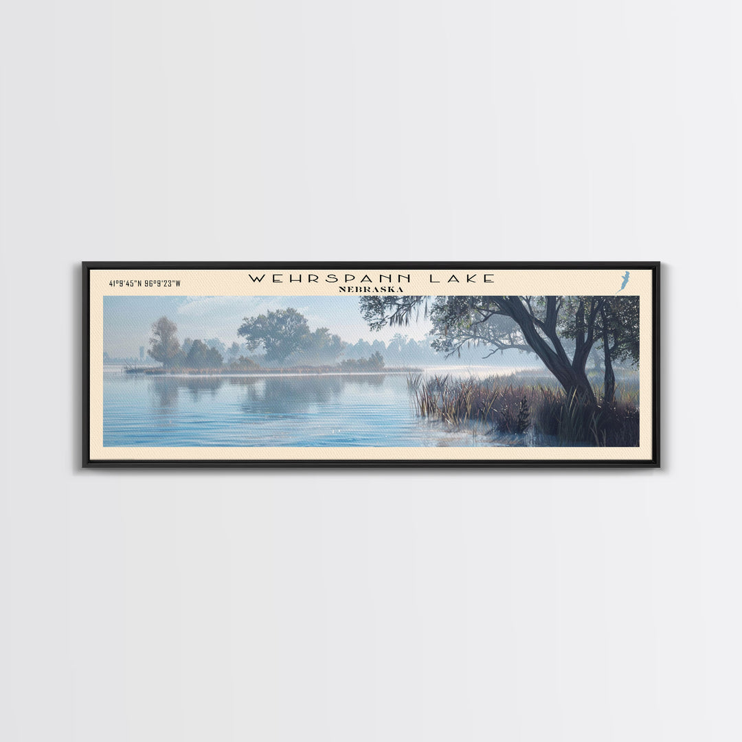 Wehrspann Lake Nebraska Panoramic Wall Art, Framed Canvas Print, Lake House Decor, Travel Poster, Serene Landscape, Living Room Decor