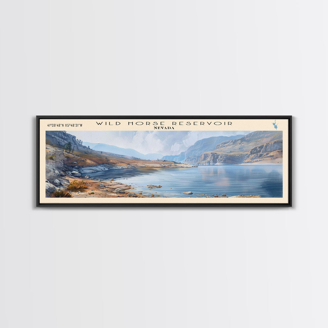 Wild Horse Reservoir Nevada Panoramic Wall Art, Framed Canvas Print, Lake House Decor, Travel Poster, Scenic Lake Scene, Living Room Art