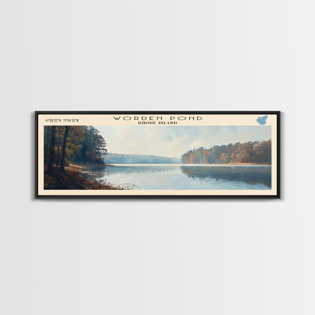 Worden Pond Rhode Island Panoramic Wall Art, Framed Canvas Print, Lake House Decor, Travel Poster, Beautiful Lake Scene, Living Room Decor