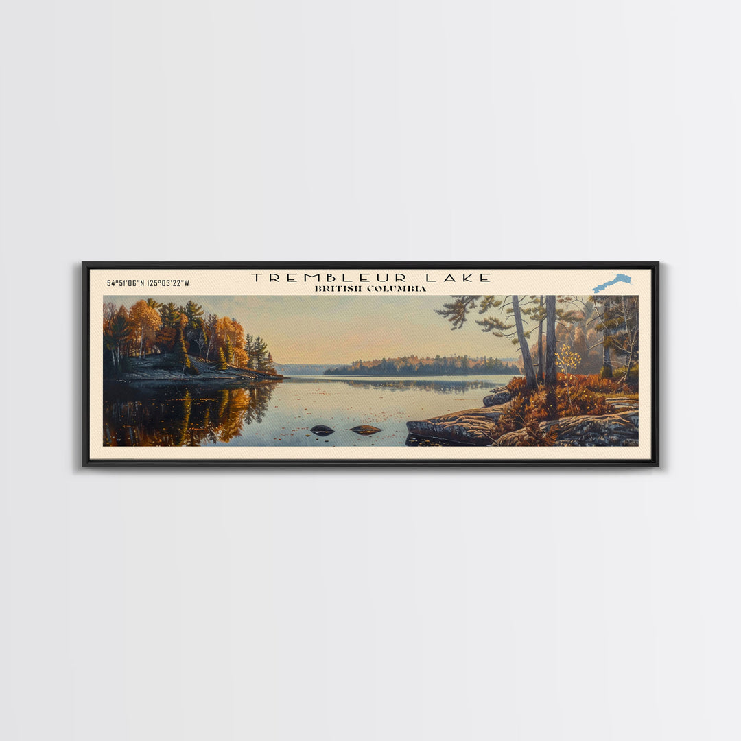 Trembleur Lake Panoramic Wall Art, Framed Canvas Print, Lake House Decor, Travel Poster, Scenic Lake Scene, Living Room Art