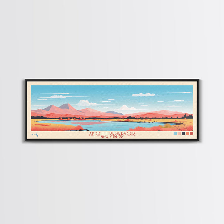 Abiquiu Reservoir New Mexico Framed Canvas Print, Panoramic Wall Art, Midcentury Modern, Pop Art, Travel Poster, Living Room Art