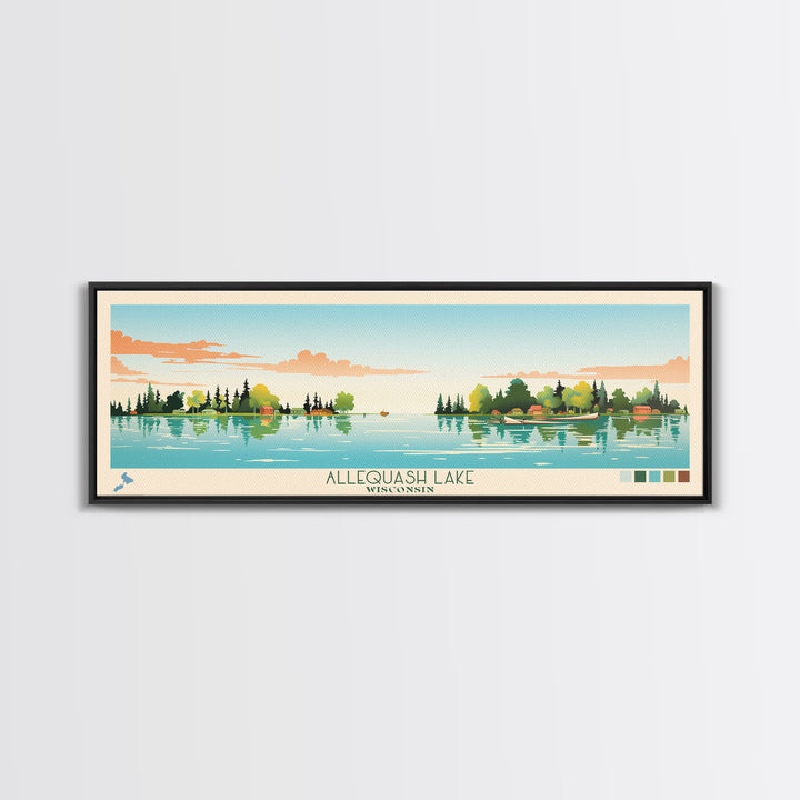 Allequash Lake Wisconsin Framed Canvas Print, Panoramic Wall Art, Midcentury Modern, Pop Art, Travel Poster, Living Room Decor